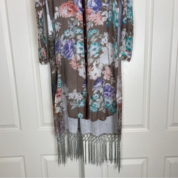 Aratta Silent Gourney Deer Stag Nature Print Fringe Hem Maxi Duster - Picture 4 of 8